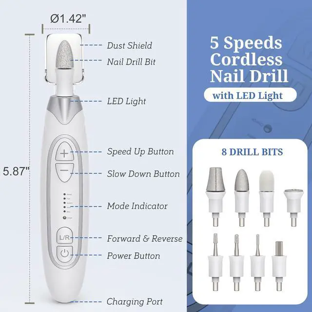 Alt view image 5 of 7 - Electric Nail File, Manicure and Pedicure Kit 5 Speeds & LED Light