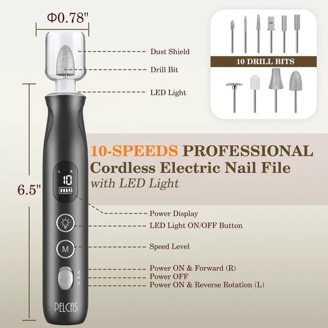 Alt view image 5 of 7 - Electric Nail Grinder, 10 Speeds Cordless Nail Drill with LED Light