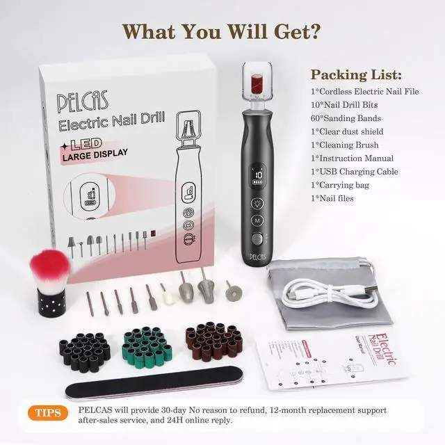 Alt view image 7 of 7 - Electric Nail Grinder, 10 Speeds Cordless Nail Drill with LED Light