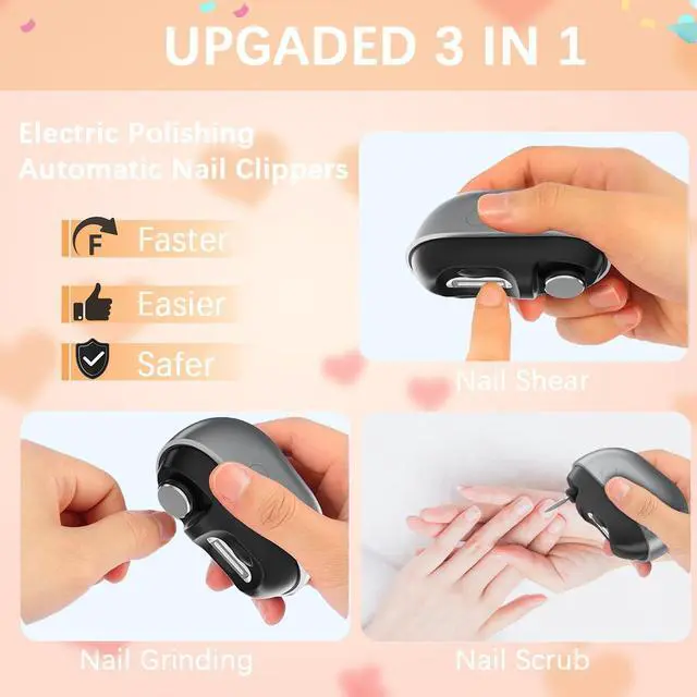 Alt view image 3 of 7 - Electric Nail Clipper with Polishing, 3-in-1 Automatic Nail Trimmer with LED Light & Nail Scraps Storage, Painless Grooming for Adults, Women, Men and Kids (Matte Gray & Black)