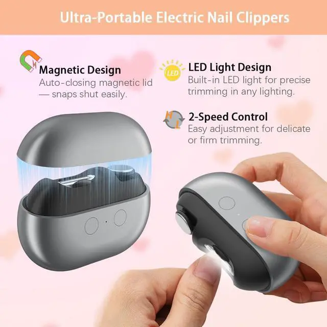 Alt view image 4 of 7 - Electric Nail Clipper with Polishing, 3-in-1 Automatic Nail Trimmer with LED Light & Nail Scraps Storage, Painless Grooming for Adults, Women, Men and Kids (Matte Gray & Black)