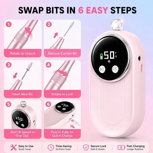 Alt view image 7 of 7 - Electric Nail Drill, Professional E File 50000RPM, Machine Kit