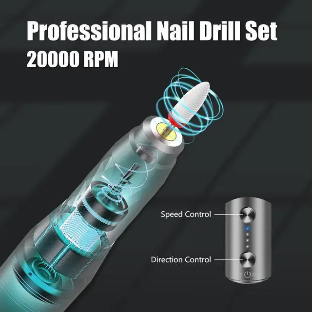 Alt view image 6 of 6 - Electric Nail Drill Machine Professional, Rechargeable Cordless Nail File with Bits Kit for Acrylic Gel Dip Nails, Efile Manicure and Pedicure Kit for Home Salon Grinding Polishing Removing, Gray