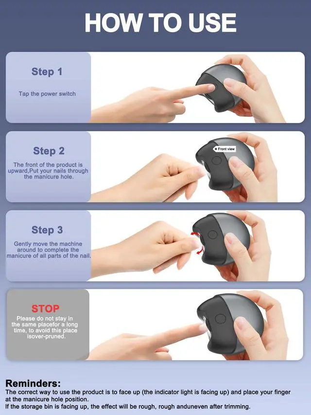 Alt view image 4 of 7 - Electric Automatic Nail Clipper with Light, 2 Speeds, Magnetic Cover, Nail Scraps Storage, USB Rechargeable, Safety Electric Fingernail Trimmer for Kids, Adult, Seniors, Men, Caregivers, Grey