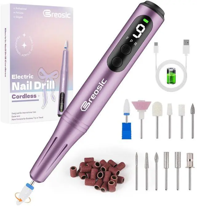 Main image of Electric Nail Drill Professional 35000RPM,Rechargeable Electric Nail File Cordless with 9-Speed & LED Display,12-in-1 Portable Manicure Pedicure kit for Acrylic Gel Dip Powder Nails (Purple)