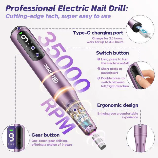 Alt view image 2 of 7 - Electric Nail Drill Professional 35000RPM,Rechargeable Electric Nail File Cordless with 9-Speed & LED Display,12-in-1 Portable Manicure Pedicure kit for Acrylic Gel Dip Powder Nails (Purple)