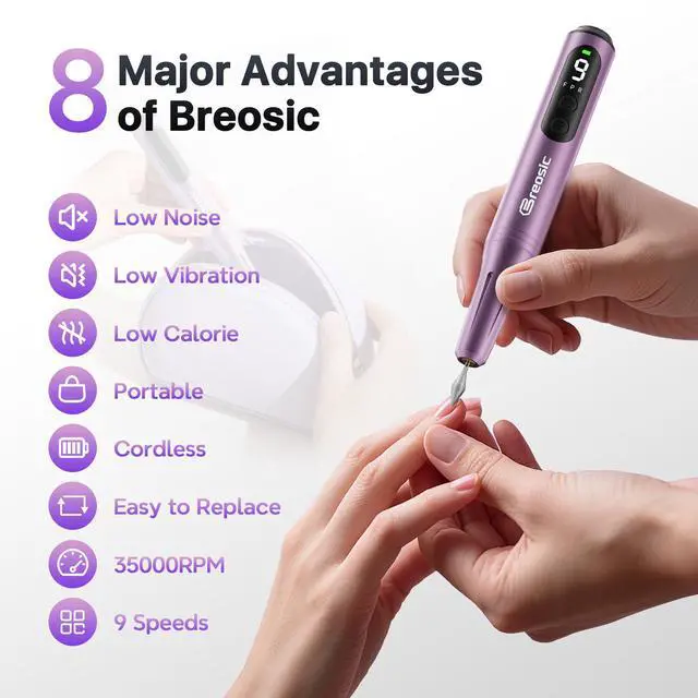 Alt view image 3 of 7 - Electric Nail Drill Professional 35000RPM,Rechargeable Electric Nail File Cordless with 9-Speed & LED Display,12-in-1 Portable Manicure Pedicure kit for Acrylic Gel Dip Powder Nails (Purple)