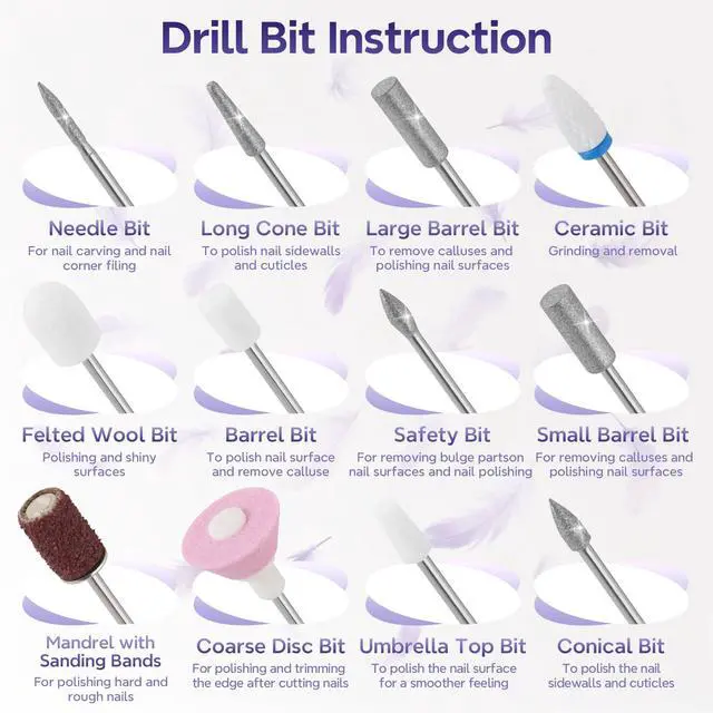 Alt view image 4 of 7 - Electric Nail Drill Professional 35000RPM,Rechargeable Electric Nail File Cordless with 9-Speed & LED Display,12-in-1 Portable Manicure Pedicure kit for Acrylic Gel Dip Powder Nails (Purple)