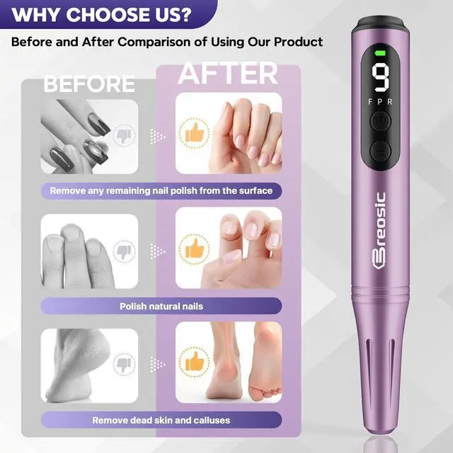 Alt view image 5 of 7 - Electric Nail Drill Professional 35000RPM,Rechargeable Electric Nail File Cordless with 9-Speed & LED Display,12-in-1 Portable Manicure Pedicure kit for Acrylic Gel Dip Powder Nails (Purple)