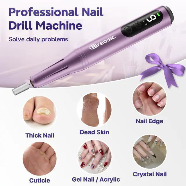 Alt view image 6 of 7 - Electric Nail Drill Professional 35000RPM,Rechargeable Electric Nail File Cordless with 9-Speed & LED Display,12-in-1 Portable Manicure Pedicure kit for Acrylic Gel Dip Powder Nails (Purple)