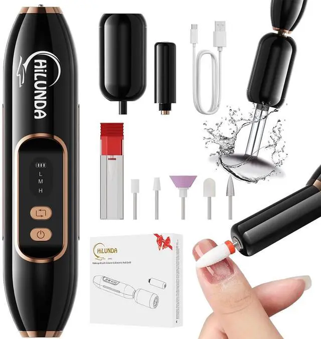 Main image of 2-in-1 Nail Drill Electric Nail File with Makeup Brush Cleaner Machine (No Bowl), 1500 mAh Battery, Ultra Low Noise, Portable and Rechargeable for Travel & Home