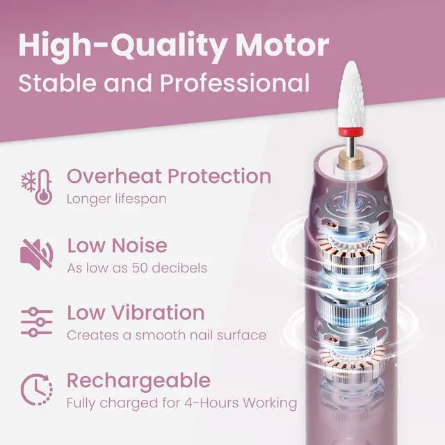 Alt view image 2 of 6 - Cordless Electric Nail Drill Kit, Portable Rechargeable Nail Drill Set, Battery Electric Nail File, 5 Speeds Modes, LED Lighting, Reversible Direction, DIY, Professional (Purple)
