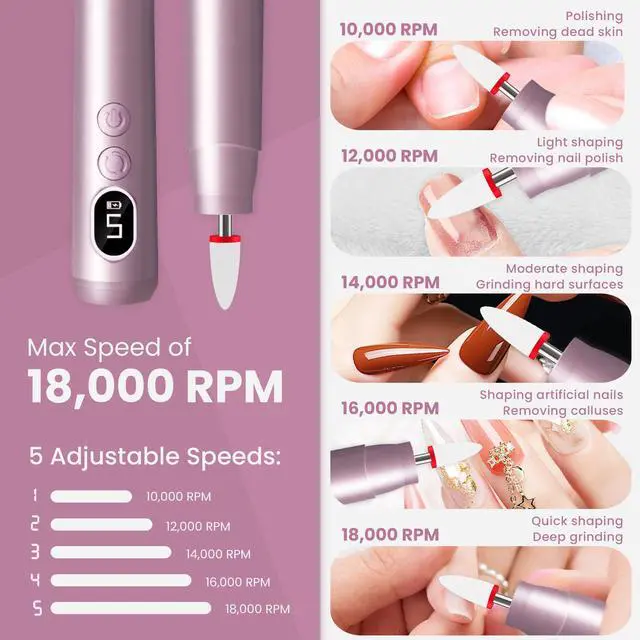 Alt view image 3 of 6 - Cordless Electric Nail Drill Kit, Portable Rechargeable Nail Drill Set, Battery Electric Nail File, 5 Speeds Modes, LED Lighting, Reversible Direction, DIY, Professional (Purple)