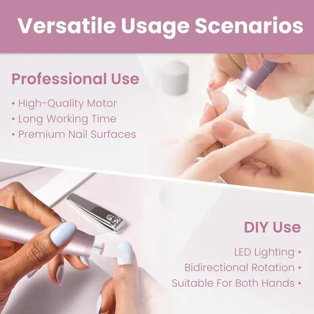 Alt view image 4 of 6 - Cordless Electric Nail Drill Kit, Portable Rechargeable Nail Drill Set, Battery Electric Nail File, 5 Speeds Modes, LED Lighting, Reversible Direction, DIY, Professional (Purple)