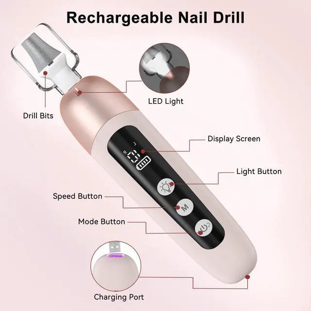 Alt view image 4 of 7 - Electric Nail Drill Cordless Nail File Professional Manicure Pedicure Kit, 9 in 1 Hand Foot Rechargeable Care Tool, 10 Speeds Electric Nail File Grinder for Thick Toenail Trim Polish Pink