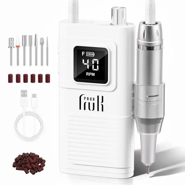 Main image of Professional Electric Nail Drill Kit, Portable 40000RPM Cordless E-File with LCD Display, 7 Drill Bits & 56 Sanding Bands, Manicure Nail Machine for Salon Home, Training & Travel, White