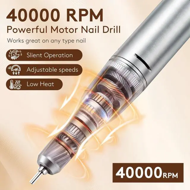 Alt view image 2 of 7 - Professional Electric Nail Drill Kit, Portable 40000RPM Cordless E-File with LCD Display, 7 Drill Bits & 56 Sanding Bands, Manicure Nail Machine for Salon Home, Training & Travel, White