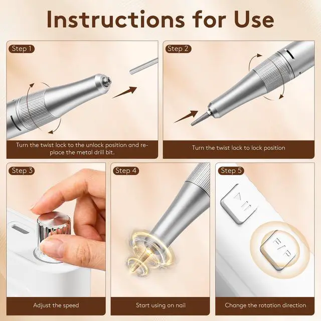 Alt view image 6 of 7 - Professional Electric Nail Drill Kit, Portable 40000RPM Cordless E-File with LCD Display, 7 Drill Bits & 56 Sanding Bands, Manicure Nail Machine for Salon Home, Training & Travel, White