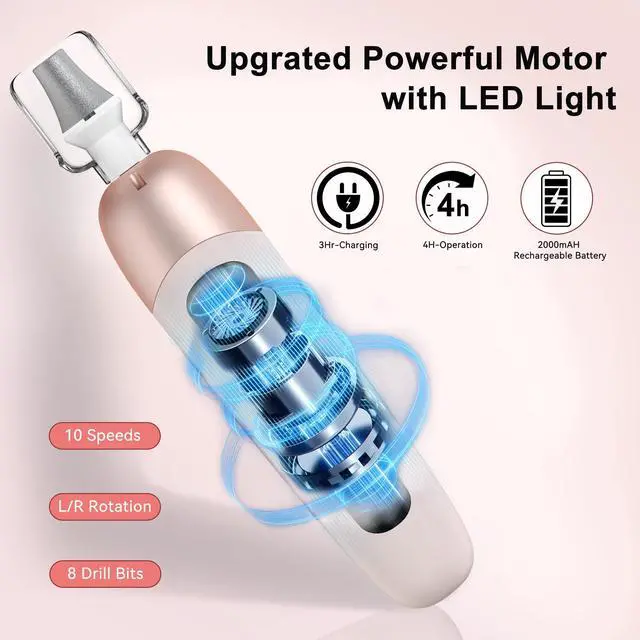 Alt view image 2 of 7 - Electric Nail Drill Cordless Nail File Professional Manicure Pedicure Kit, 9 in 1 Hand Foot Rechargeable Care Tool, 10 Speeds Electric Nail File Grinder for Thick Toenail Trim Polish Pink