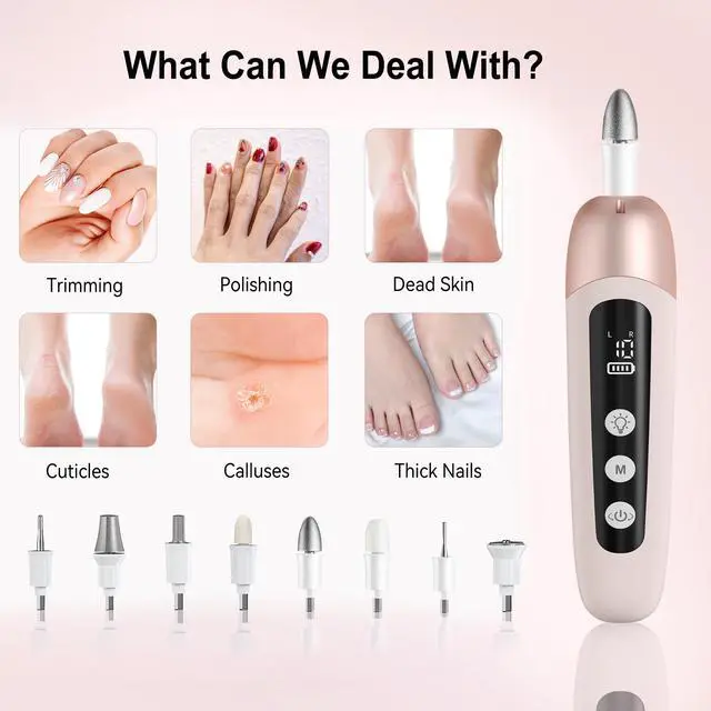 Alt view image 5 of 7 - Electric Nail Drill Cordless Nail File Professional Manicure Pedicure Kit, 9 in 1 Hand Foot Rechargeable Care Tool, 10 Speeds Electric Nail File Grinder for Thick Toenail Trim Polish Pink