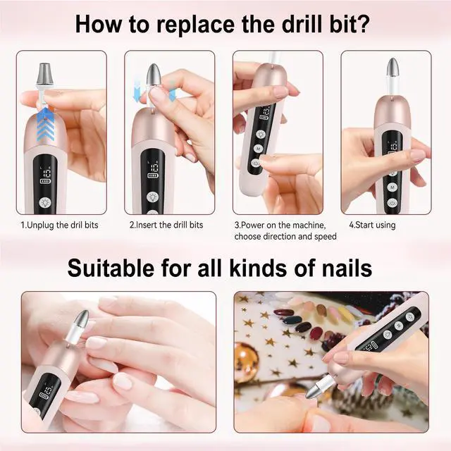 Alt view image 6 of 7 - Electric Nail Drill Cordless Nail File Professional Manicure Pedicure Kit, 9 in 1 Hand Foot Rechargeable Care Tool, 10 Speeds Electric Nail File Grinder for Thick Toenail Trim Polish Pink