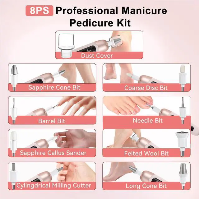 Alt view image 7 of 7 - Electric Nail Drill Cordless Nail File Professional Manicure Pedicure Kit, 9 in 1 Hand Foot Rechargeable Care Tool, 10 Speeds Electric Nail File Grinder for Thick Toenail Trim Polish Pink