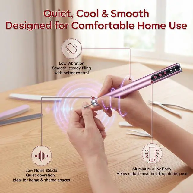 Alt view image 4 of 7 - Cordless Nail Drill for Beginners: 25000RPM Slim E-File Kit, Pink