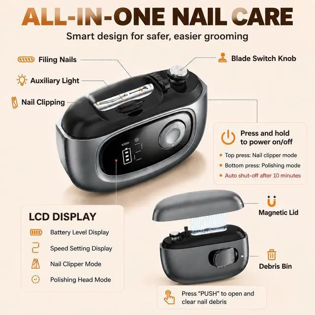 Alt view image 4 of 7 - Electric Nail Clipper Adjustable Width, LED Light, Smart Nail File,Black