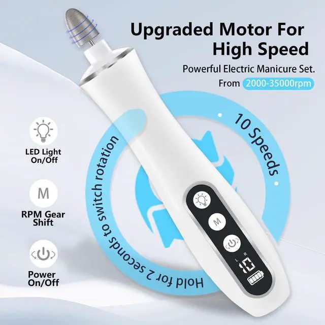 Alt view image 2 of 7 - Electric Nail File Drill Cordless 2000 mAh Rechargeable 10-Speed Nail Filer