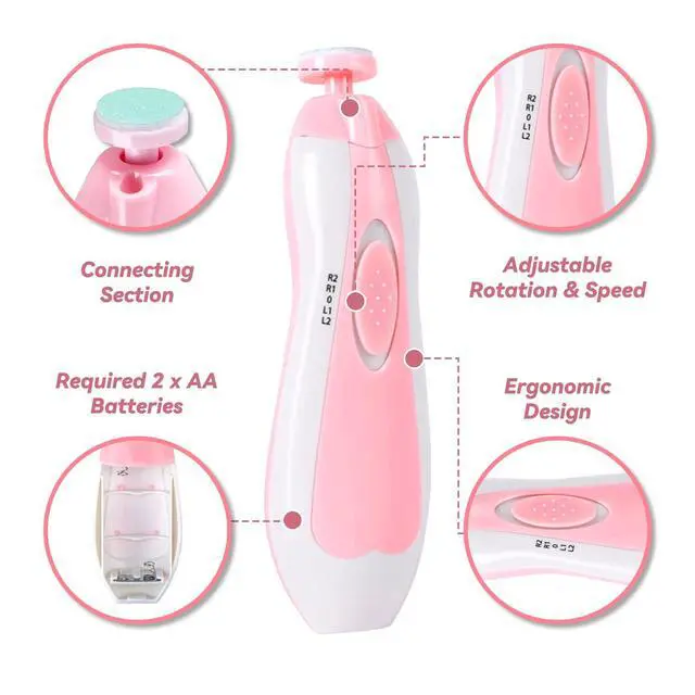 Alt view image 4 of 7 - Baby Nail Trimmer File with Light - Safe Electric Nail Clippers Kit for Newborn Infant Toddler Kids Toes and Fingernails - Care, Polish and Trim - Battery Operated (AA), Pink