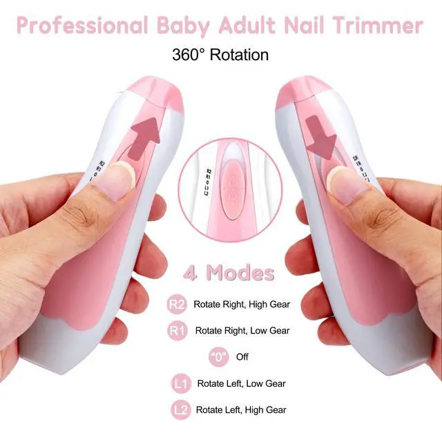 Alt view image 2 of 7 - Baby Nail Trimmer File with Light - Safe Electric Nail Clippers Kit for Newborn Infant Toddler Kids Toes and Fingernails - Care, Polish and Trim - Battery Operated (AA), Pink
