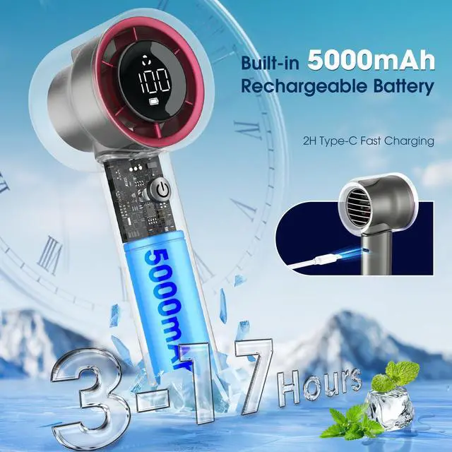 Alt view image 4 of 7 - 1-100 Speed Portable Handheld Turbo Fan, 15000RPMUltra High-speed,Personal Hand Held Travel Fans,5000mAh Battery Rechargeable Mini Fans,Digital Display,Small Pocket Fan for Summer Essential Gift