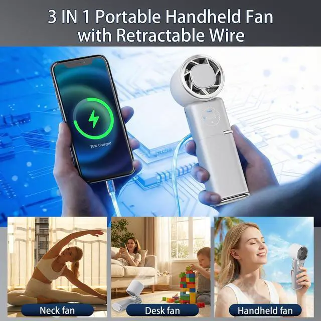 Alt view image 3 of 7 - 9000mAh Handheld Fan, Rechargeable Portable Fan with Power Bank Function