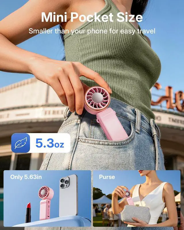 Alt view image 2 of 7 - Mini Portable Fan with Ice Cooling, Lightweight Handheld Pocket Turbo Fan Rechargeable, 3 Speed, Foldable Personal Hand Fan for Travel, Beach Vacation, Women Girls (Pink)