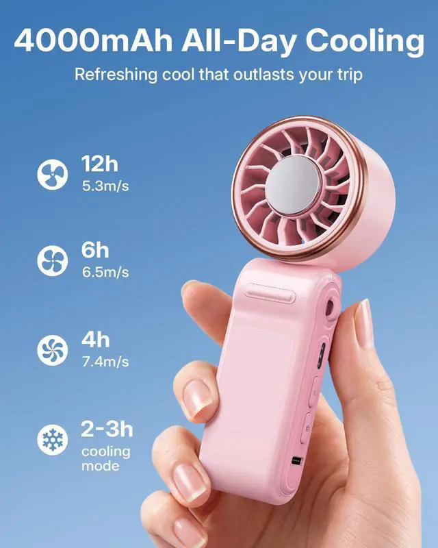 Alt view image 4 of 7 - Mini Portable Fan with Ice Cooling, Lightweight Handheld Pocket Turbo Fan Rechargeable, 3 Speed, Foldable Personal Hand Fan for Travel, Beach Vacation, Women Girls (Pink)