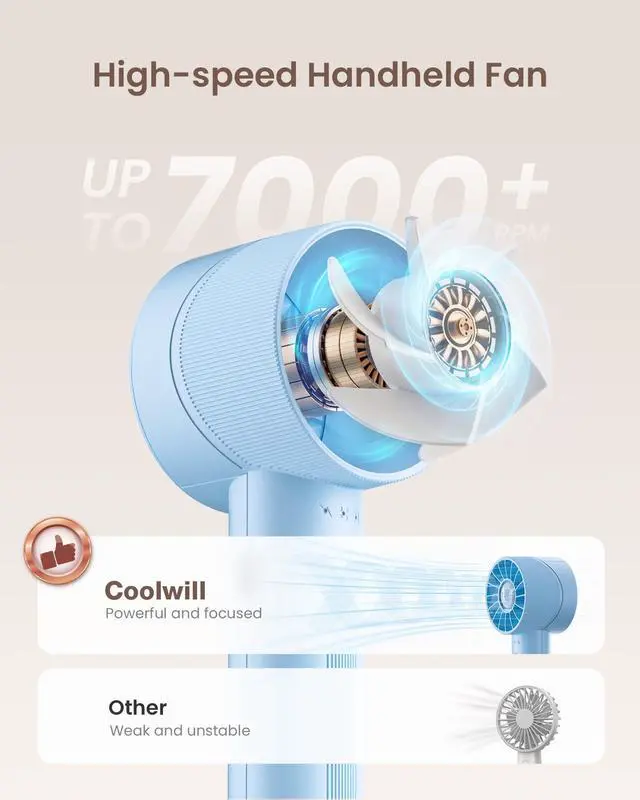 Alt view image 2 of 7 - Portable Mini Handheld Turbo 4 Speed High Velocity Personal Fan, Max 16H Cooling Time, Rechargeable Purse Fan, Travel Essentials Must Haves for Vacation/Beach/Trip, Light Blue