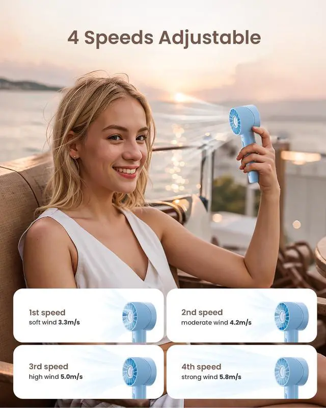 Alt view image 5 of 7 - Portable Mini Handheld Turbo 4 Speed High Velocity Personal Fan, Max 16H Cooling Time, Rechargeable Purse Fan, Travel Essentials Must Haves for Vacation/Beach/Trip, Light Blue