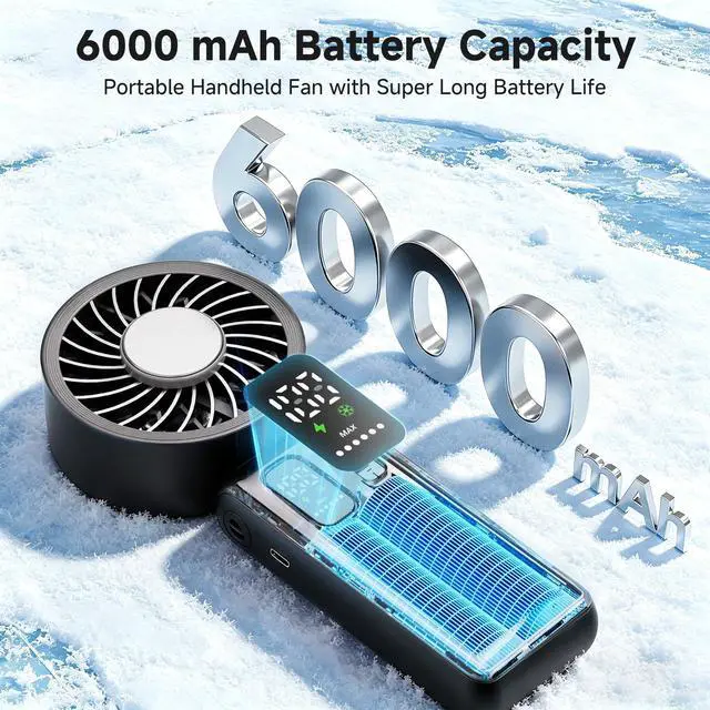 Alt view image 2 of 7 - 3-in-1 Portable Handheld Fan, personal fans portable rechargeable,6000mAh High-Speed Turbo Handheld Fan,100 Speeds Stepless Adjustment Mini Personal Desk Fan for Travel, Camping, Outdoor, Black