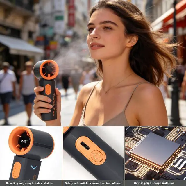 Alt view image 3 of 7 - Portable Handheld Turbo Fan Rechargeable - 3000mAh Mini Personal Fan, 20H Max Cooling Time, 5-Speed Wind, Small Pocket Fan for Travel, Outdoor, Beach Vacation, Office & Camping (Black)