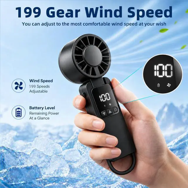 Alt view image 3 of 7 - Portable Handheld Turbo Fan, 6000mAh Rechargeable Handheld Fan,1-199speeds Powerful Battery Operated LED Screen Foldable Design, Essential For Outdoor Camping/Office/Travel/Women (black)
