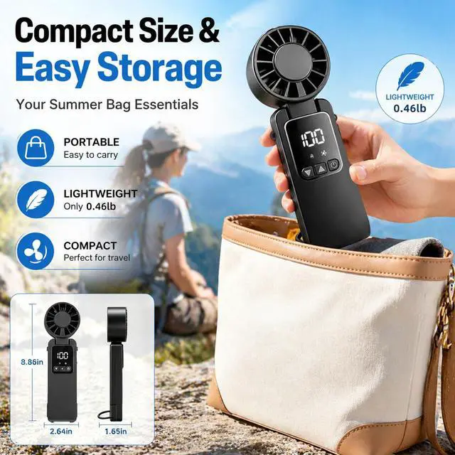 Alt view image 5 of 7 - Portable Handheld Turbo Fan, 6000mAh Rechargeable Handheld Fan,1-199speeds Powerful Battery Operated LED Screen Foldable Design, Essential For Outdoor Camping/Office/Travel/Women (black)