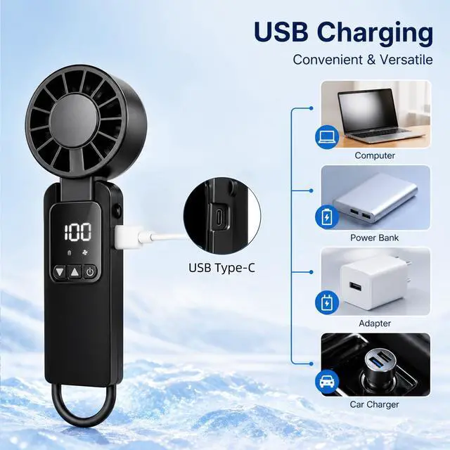 Alt view image 4 of 7 - Portable Handheld Turbo Fan, 6000mAh Rechargeable Handheld Fan,1-199speeds Powerful Battery Operated LED Screen Foldable Design, Essential For Outdoor Camping/Office/Travel/Women (black)