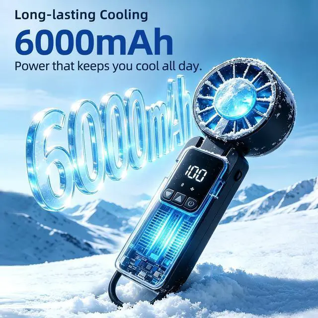 Alt view image 2 of 7 - Portable Handheld Turbo Fan, 6000mAh Rechargeable Handheld Fan,1-199speeds Powerful Battery Operated LED Screen Foldable Design, Essential For Outdoor Camping/Office/Travel/Women (black)