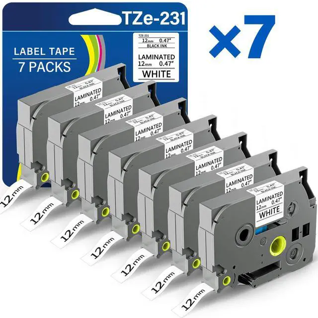 Main image of TZE-231 Label Maker Tape 12mm 0.47 Laminated Black on White 1/2" x 8m Replacement for Ptouch TZ TZE TZE231 Label Tape Cassette for PT-D220 PTD220 D220 PT-D210 PTD210 PT-H110 PT-D200 PT-D410 (7 Packs)
