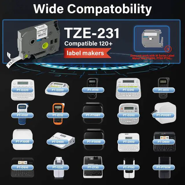 Alt view image 2 of 7 - TZE-231 Label Maker Tape 12mm 0.47 Laminated Black on White 1/2" x 8m Replacement for Ptouch TZ TZE TZE231 Label Tape Cassette for PT-D220 PTD220 D220 PT-D210 PTD210 PT-H110 PT-D200 PT-D410 (7 Packs)