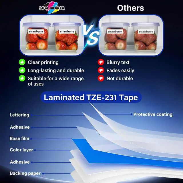 Alt view image 7 of 7 - TZE-231 Label Maker Tape 12mm 0.47 Laminated Black on White 1/2" x 8m Replacement for Ptouch TZ TZE TZE231 Label Tape Cassette for PT-D220 PTD220 D220 PT-D210 PTD210 PT-H110 PT-D200 PT-D410 (7 Packs)