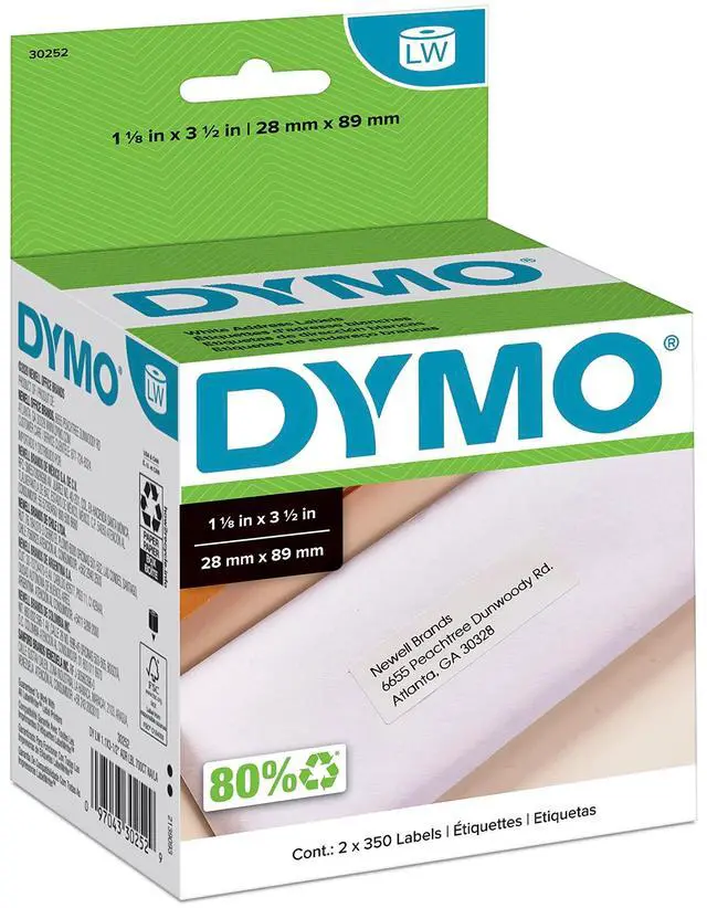 Main image of Authentic LW White Mailing Address Labels, For LabelWriter Label Printers, 1-1/8" x 3-1/2", 2 Rolls of 350 (700 Total)