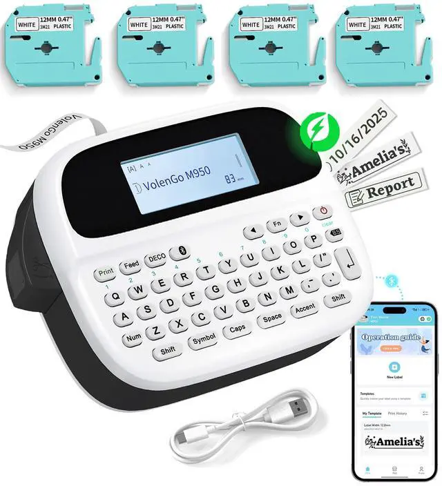Main image of M950 Label Maker Machine with Tapes, Rechargeable Backlit Label Maker 12mm
