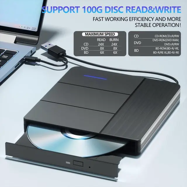 Alt view image 3 of 7 - 7 in 1 External Blu-ray Drive,Support 100G Disc R/W BD DVD CD Player,Portable Burner USB3.0 SD/TF Card Slot for PC Compatible with Windows XP/7/8/10/11 Mac Laptop Desktop