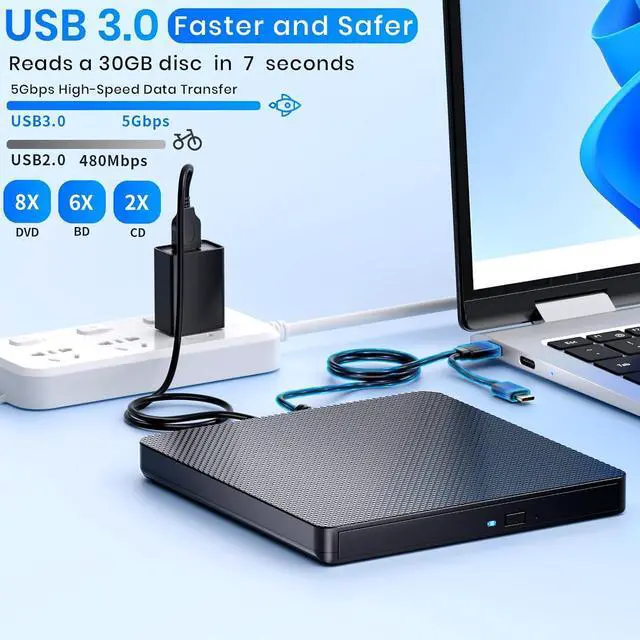 Alt view image 2 of 7 - External Blu ray Drives Player Read Compatible Bluray Burner USB 3.0 / Type-C BD Read DVD CD Burner Blu ray Player for pc, Windows 7-11Black